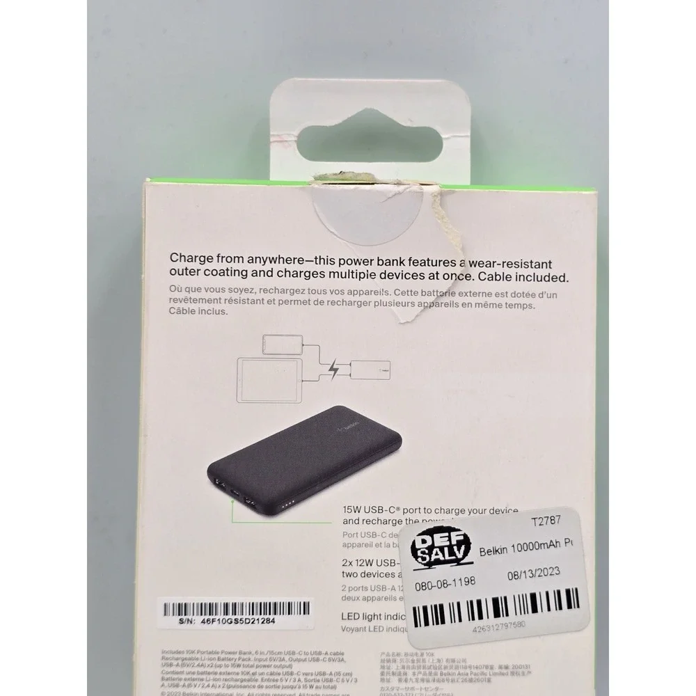 New Belkin Boostcharge 10k‎ PowerBank Black USB-A to USB-C Cable OPEN BOX.